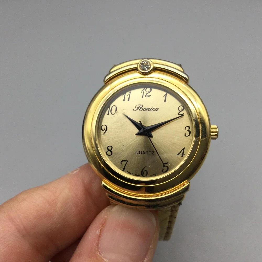 Vintage Ronica Womens Watch 31mm Gold Tone Gem Leather New Battery